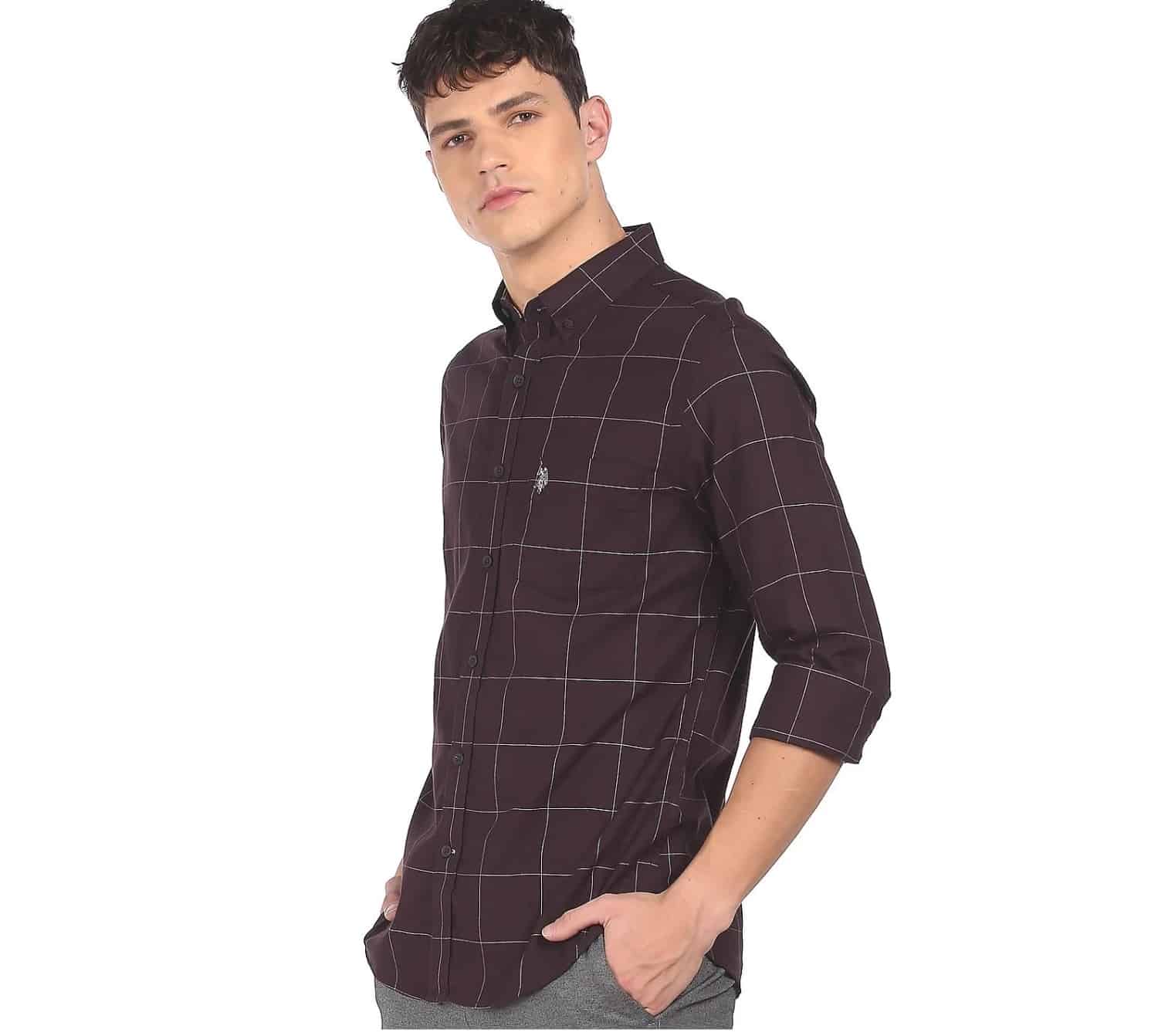 U.S. POLO ASSN. Men Wine Button Down Collar Check Casual Shirt (USSHT0583)