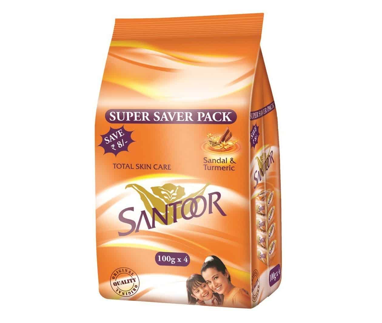 Santoor Sandal & Turmeric Total Skin Care Soap, 100g (Pack of 4, Super Saver Pack)
