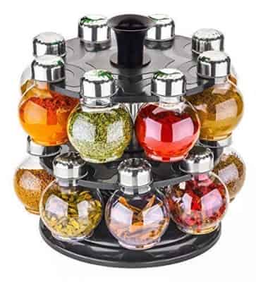 Premium Multipurpose Revolving Plastic Spice Rack 16 Piece Condiment Set .Metallic Siver Finish
