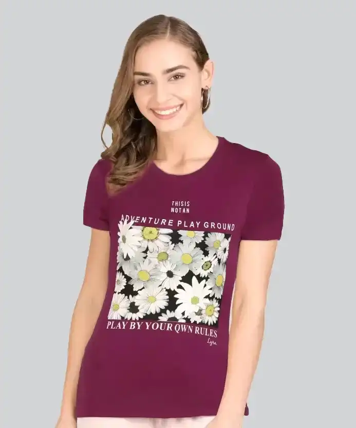 Lyra Wine Round Neck Printed T-Shirt #403