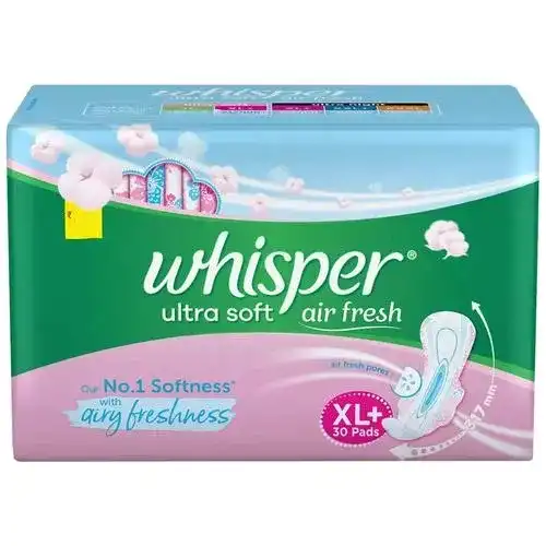 Whisper Ultra Soft Air Fresh Sanitary Pads - With Wider & Longer Back, XL Plus, 30 pcs