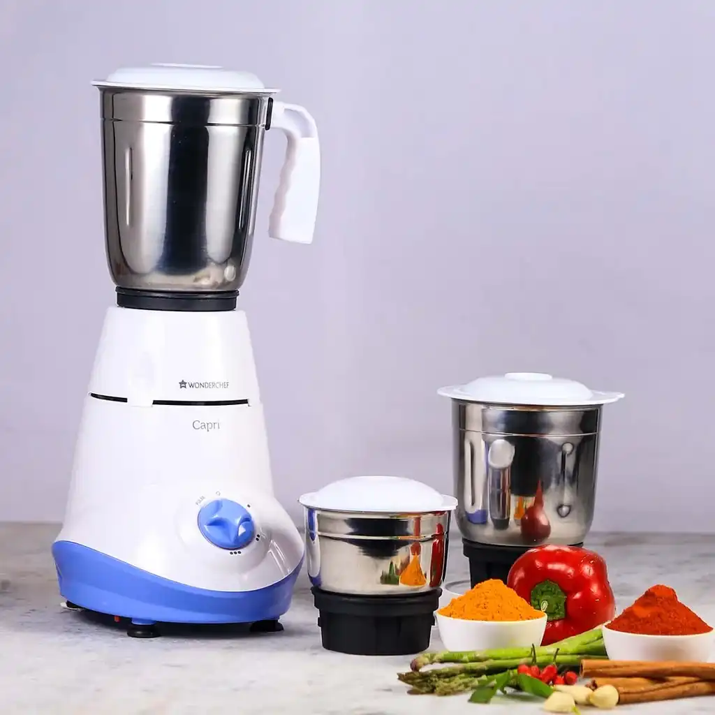 Wonderchef Capri Mixer Grinder 500W With 3 Stainless Steel Jars White & Blue (SKU 63153025)