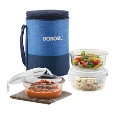 Borosil - Prime Glass Lunch Box Set of 3, 400 ml, Round, Microwave Safe Office Tiffin