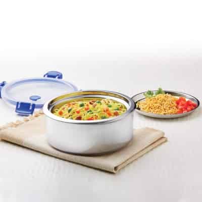 Borosil Carry Fresh Stainless Steel Insulated Lunch Box, 525ml, Blue/Grey