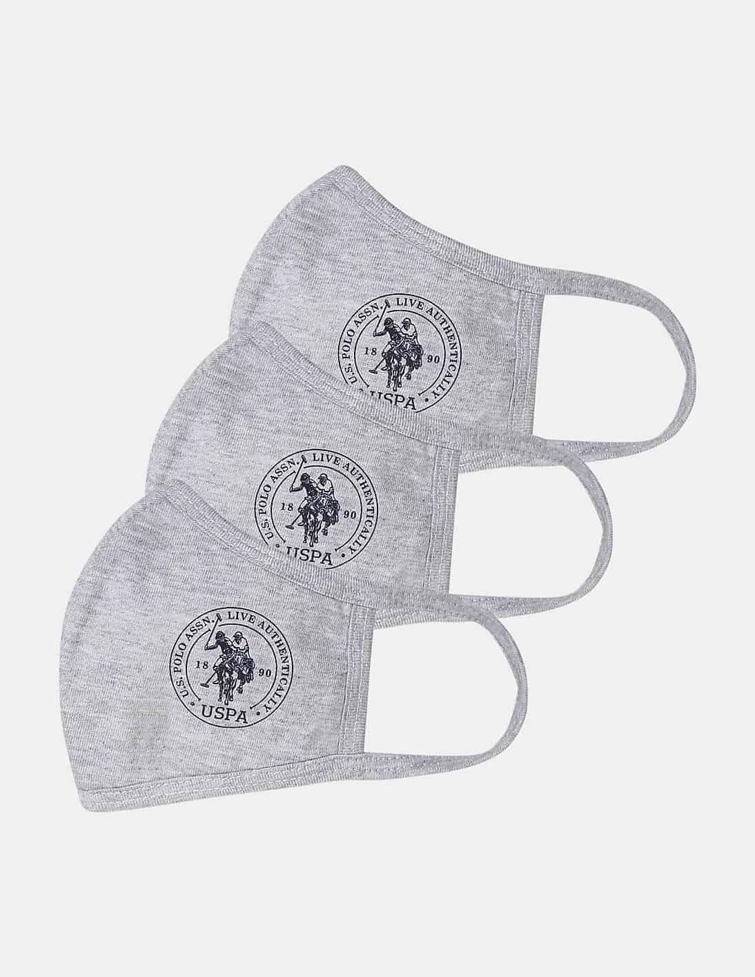 U.S. POLO ASSN. Unisex Adults Grey Triple Layer Washable Anti Bacterial Heathered Face Masks - Pack Of 3