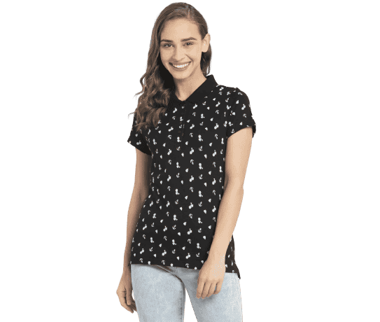 Jockey Half Sleeve Polo T-Shirt for Women - Black Assorted Prints, Style #UL34