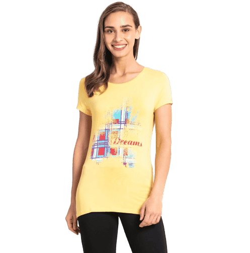 Jockey Graphic Printed Round Neck Half Sleeve T-Shirt for Women - Banana Cream, Style #1361 (Disclaimer: The product delivered may not of the same pattern)