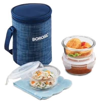 Borosil Indigo Glass Lunch Box Set of 3, 400 ml, Microwave Safe Office Tiifin