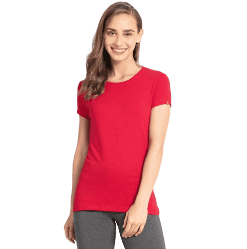 Jockey Solid Round Neck Half Sleeve T-Shirt for Women - Jester Red, Style #1515