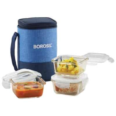 Borosil - Prime Glass Lunch Box Set of 3, 320 ml, Square, Microwave Safe Office Tiffin