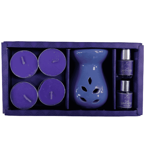 AURA Pure Source India Ceramic Regular 10 Ml Lavender Aroma and 4 Tea Light Candle Oil Burner Set