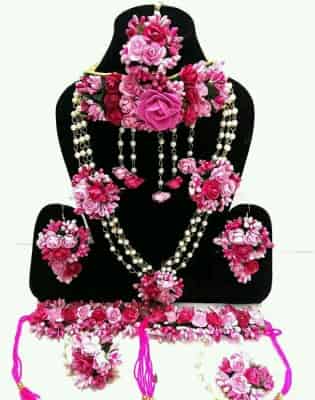 Yellow and Pink Fabric Flower Jewellery Necklace 2 with Maang Tika and Earrings, Bracelets for Women Girls Set of 7 Pc