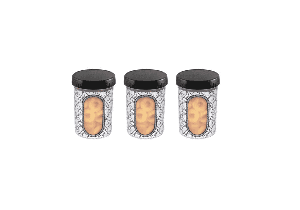 Asian Storage Container Jars - Black, Plastic, Italic See Through Printed, Round, 850 ml (Set of 3)