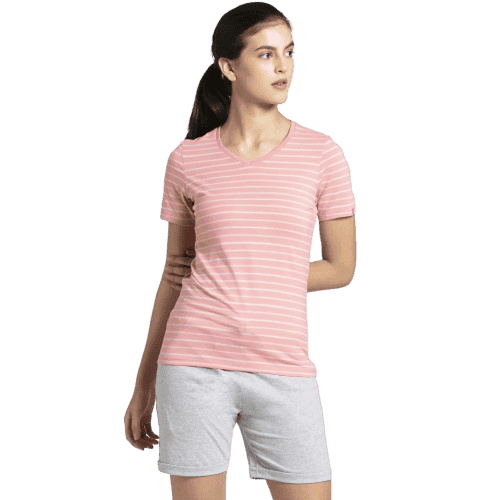 Jockey Ribbed V Neck Half Sleeve T-Shirt for Women - Peach Blossom, Style #AW22
