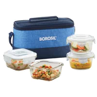 Borosil - Prime Universal Glass Lunch Box Set of 4, (320 ml Sq. + 240 ml Round) Microwave Safe Office Tiffin