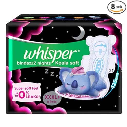 MESHWA ENTERPRISE Whisper Bindazzz Nights Koala Soft Sanitary Pads, XXX-Large+ Pack of 8 Napkins