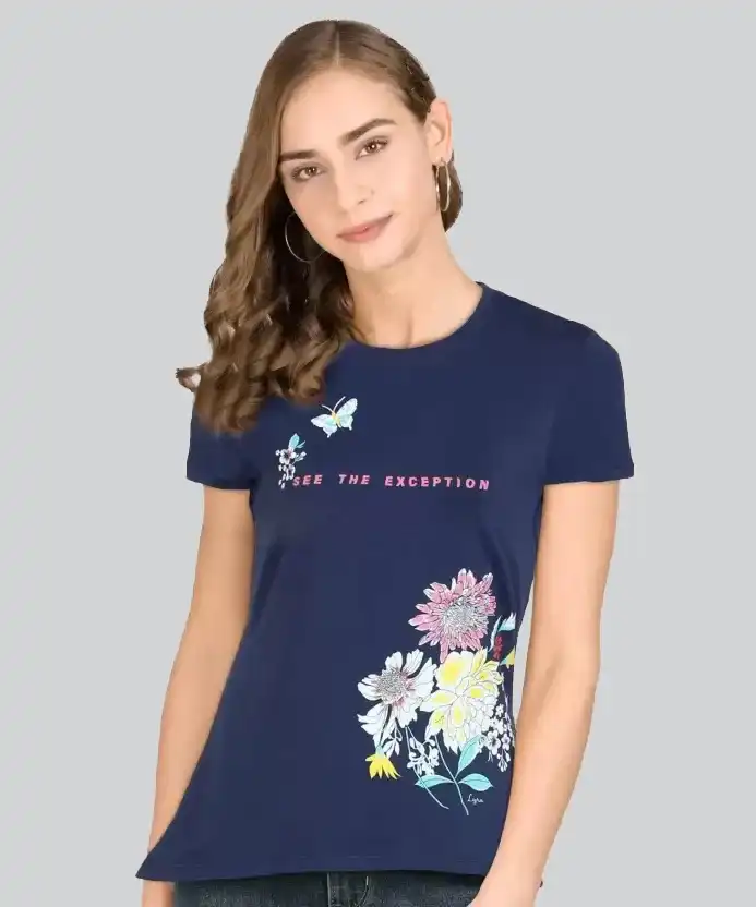 Lyra Navy Blue Round Neck Printed T-Shirt #403
