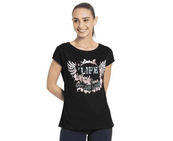 Jockey Graphic Printed Round Neck T-Shirt for Women - Black, Style #AW54 (Disclaimer: The product delivered may not of the same pattern)