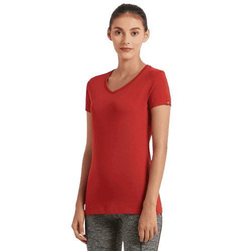 Jockey Solid V Neck Half Sleeve T-Shirt for Women - Red Wood, Style #1359