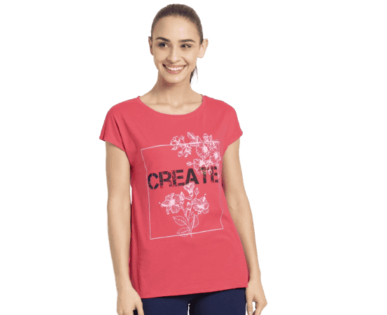 Jockey Graphic Printed Round Neck T-Shirt for Women - Ruby, Style #AW54 (Disclaimer: The product delivered may not of the same pattern)