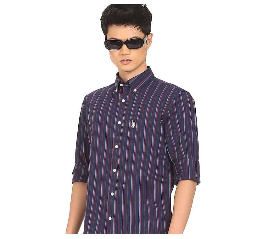 U.S. POLO ASSN. Men Navy Button Down Collar Striped Casual Shirt (USSHT0485)
