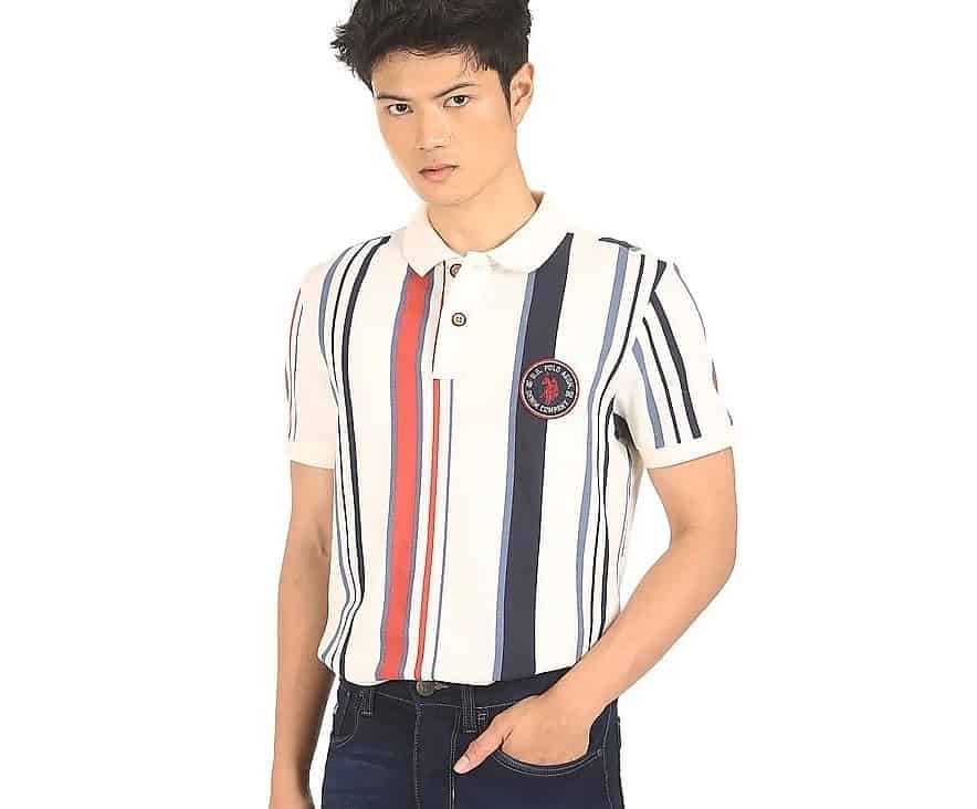 U.S. Polo Assn. Men White Cotton Striped Polo Shirt (UDTSH0736)