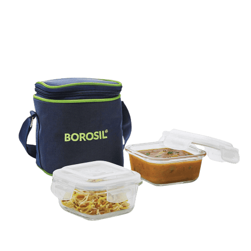 Borosil Glass Lunch Box Set of 2, 320 ml, Vertical, Microwave Safe Office Tiffin