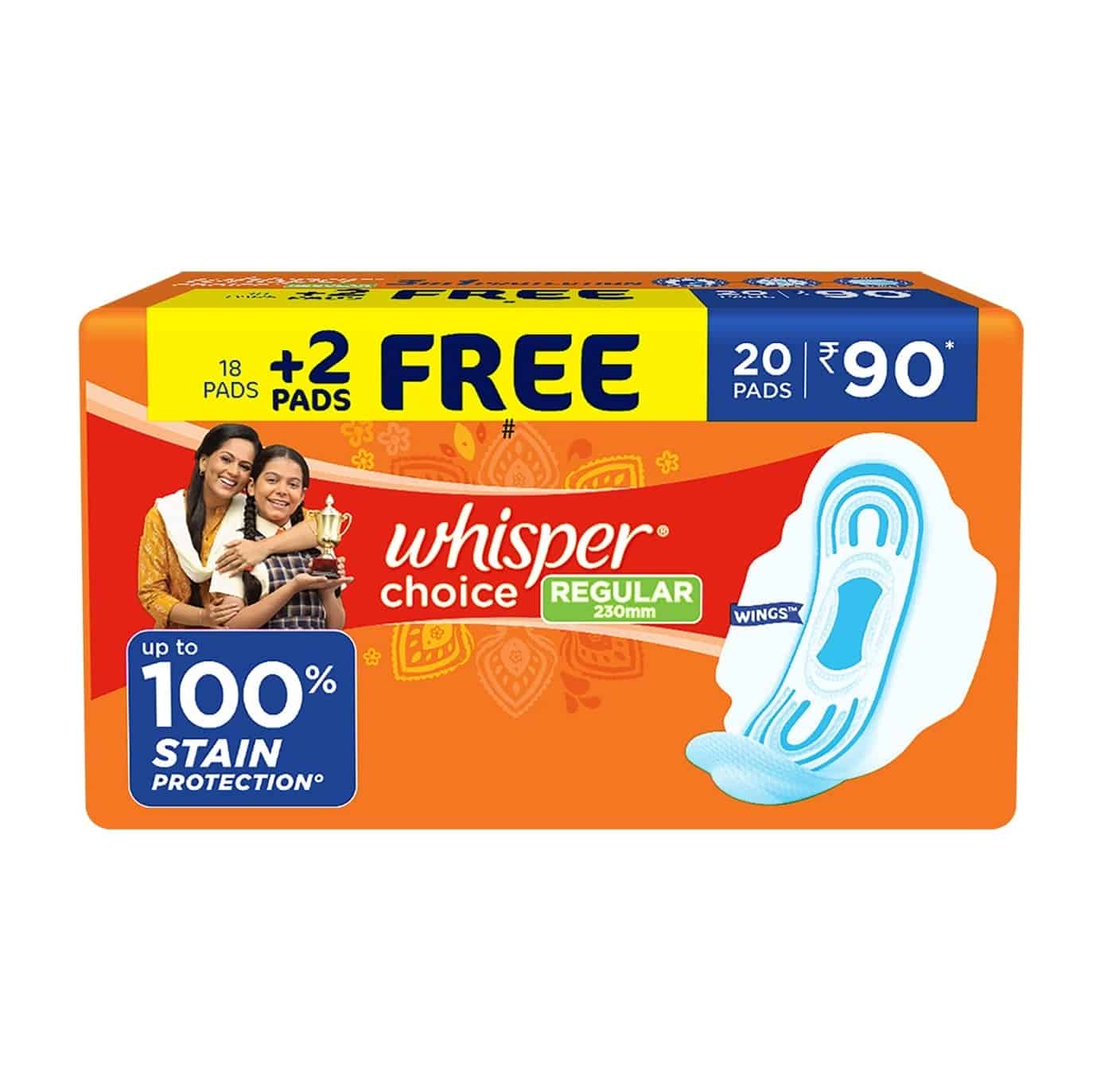 Whisper Choice Regular Sanitary Pads for Women, 18+2 Pads
