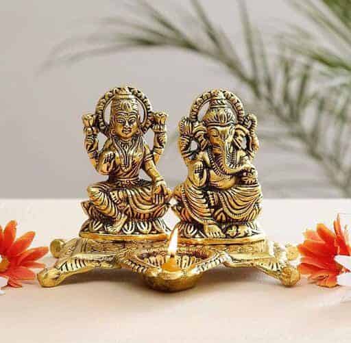 Lakshmi Ganesha with Diya Statue Idol Murti in Metal Decorative