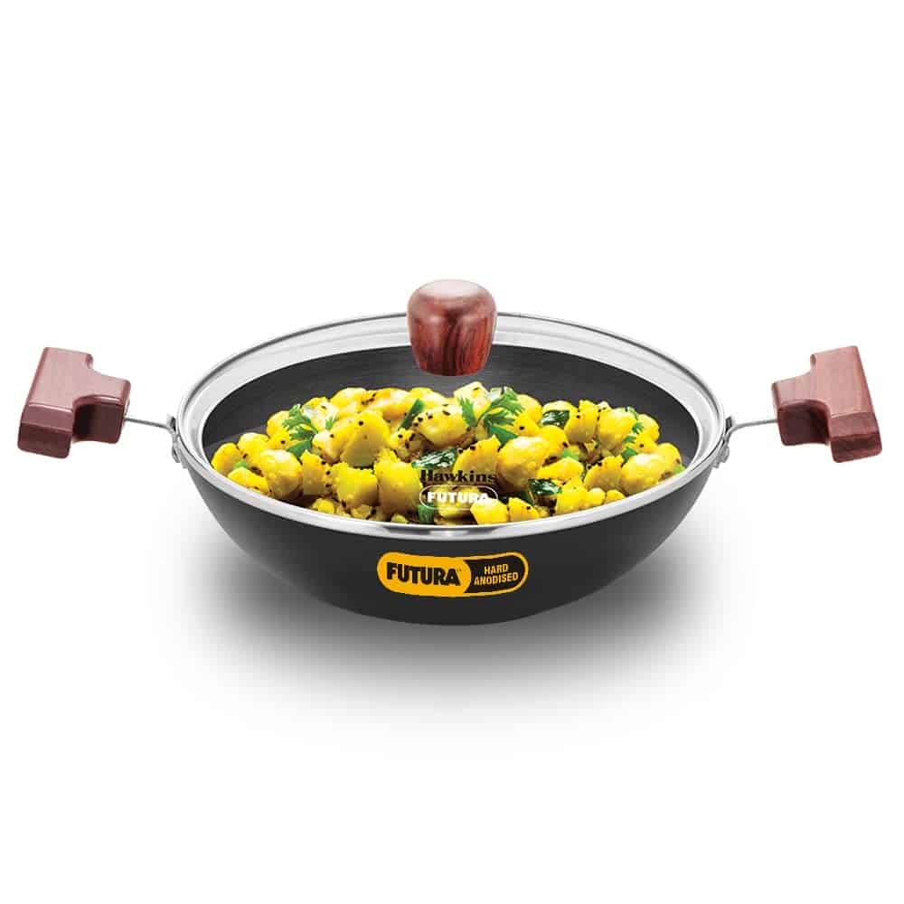 Hawkins Futura 1.5 Litre Deep Fry Pan Hard Anodised Kadai with Glass Lid Round Bottom Kadhai (AK15G)