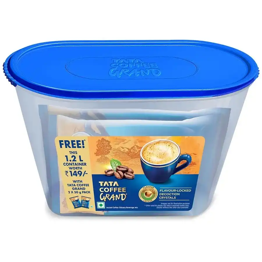 Tata Coffee Grand - Instant Coffee & Chicory Blend, With Free Container, 100 g ( 2 Packs x 50 g)
