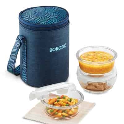 Borosil - Food Luck Glass Lunch Box Set of 3, 400ml, Round, Blue, Microwave Safe Office Tiffin