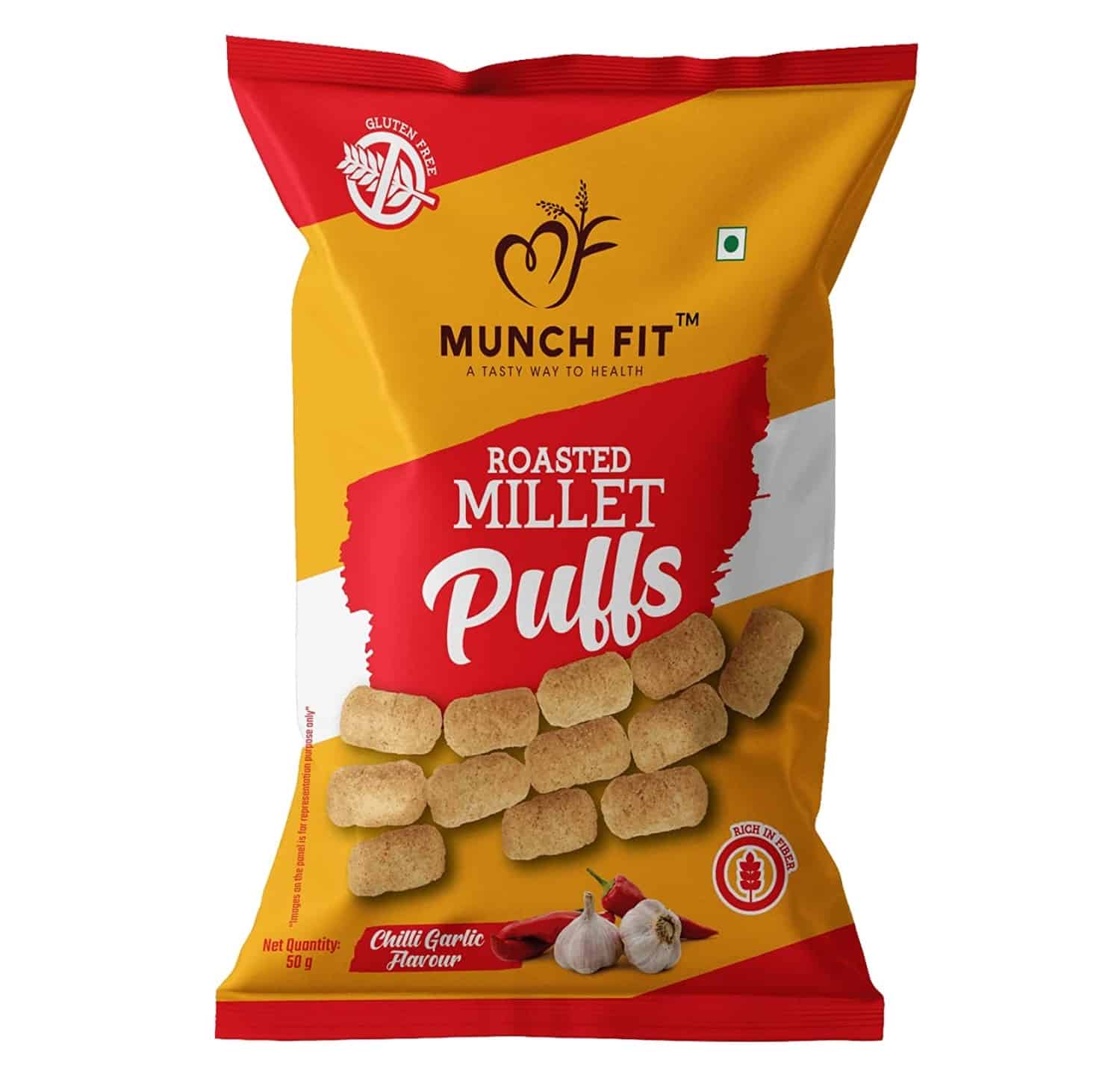 Munch Fit Roasted Millet Puffs Chilli Garlic, 50g