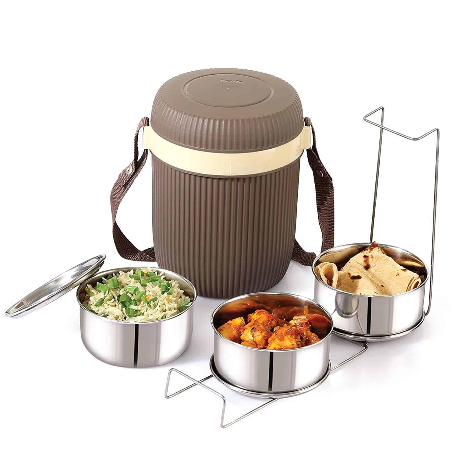 Cello Wow Lunch Box with Inner Stainless Steel, 3 PCs, Brown