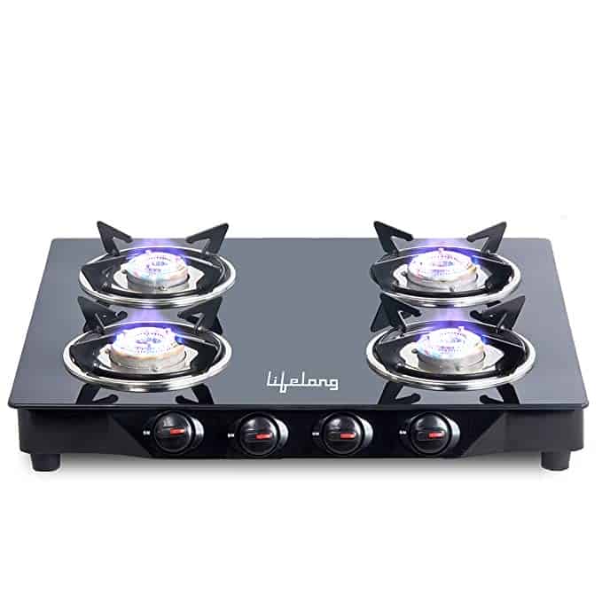 Lifelong LLGS30 ISI Certified Toughened Glass Top 4 Burner Manual Ignition Open Gas Stove (Black, 1 Year Warranty)