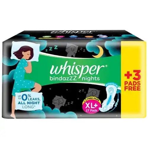 Whisper Bindazzz Nights Sanitary Pads - XL, Longer & Wider Back, Stops Leakage, 27 pcs