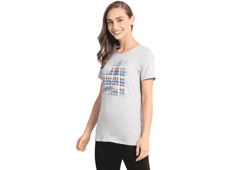 Jockey Graphic Printed Round Neck Half Sleeve T-Shirt for Women - Light grey melange, Style #1361 (Disclaimer: The product delivered may not of the same pattern)
