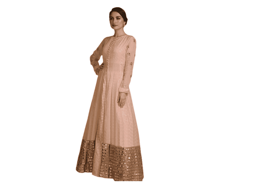 Designer Peach Jacket Lehenga With Mirror Abla Work Along With Weaving Work Skirts